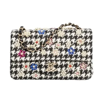 CHANEL Handcrafted Embroidery Soft Woolen With Artificial Pearl Shoulder Bag, Crossbody Bag Mini Women's Black & White