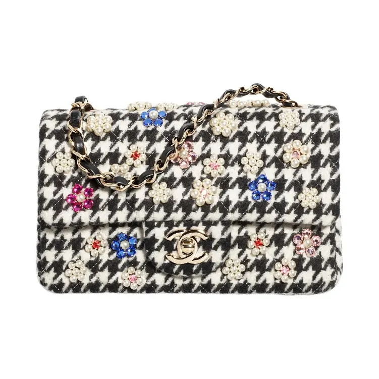 CHANEL Handcrafted Embroidery Soft Woolen With Artificial Pearl Shoulder Bag, Crossbody Bag Mini Women's Black & White-0
