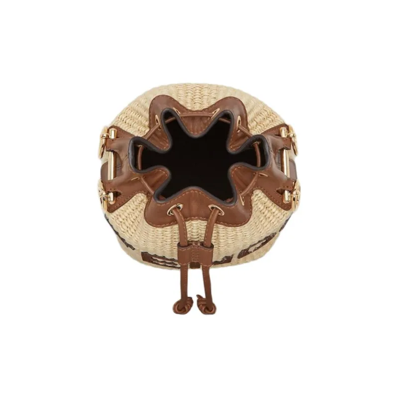 FENDI Mon Tresor Raffia Bucket Bags One Shoulder Handbags Small Size Women's Beige-3