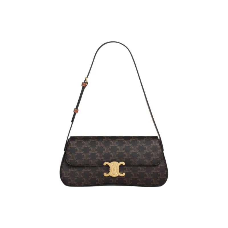 CELINE TRIOMPHE Canvas With Calfskin Shoulder Bag Crossbody Bag Handbag Medium Size Women's Brown-1