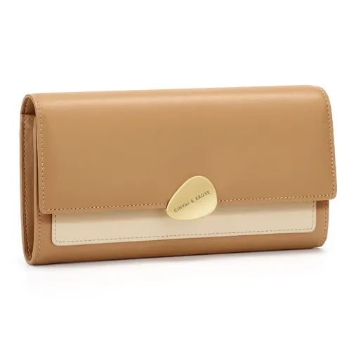 Simvay Clos Cow Leather Patchwork Synthetic Leather Wallet Women's Apricot-1
