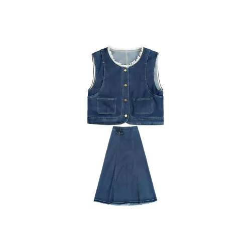 Fragment Two Piece Skirt Sets Women's Denim Blue