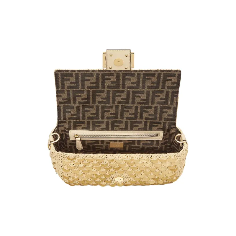 FENDI Baguette Viscose Shoulder Bag Crossbody Bag Handbag Medium Size Women's Gold Luster-3