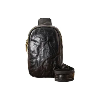 Back Step Top Grain Vegetable Tanned Cow Leather Crossbody Sling Bag Unisex Black/Coffee