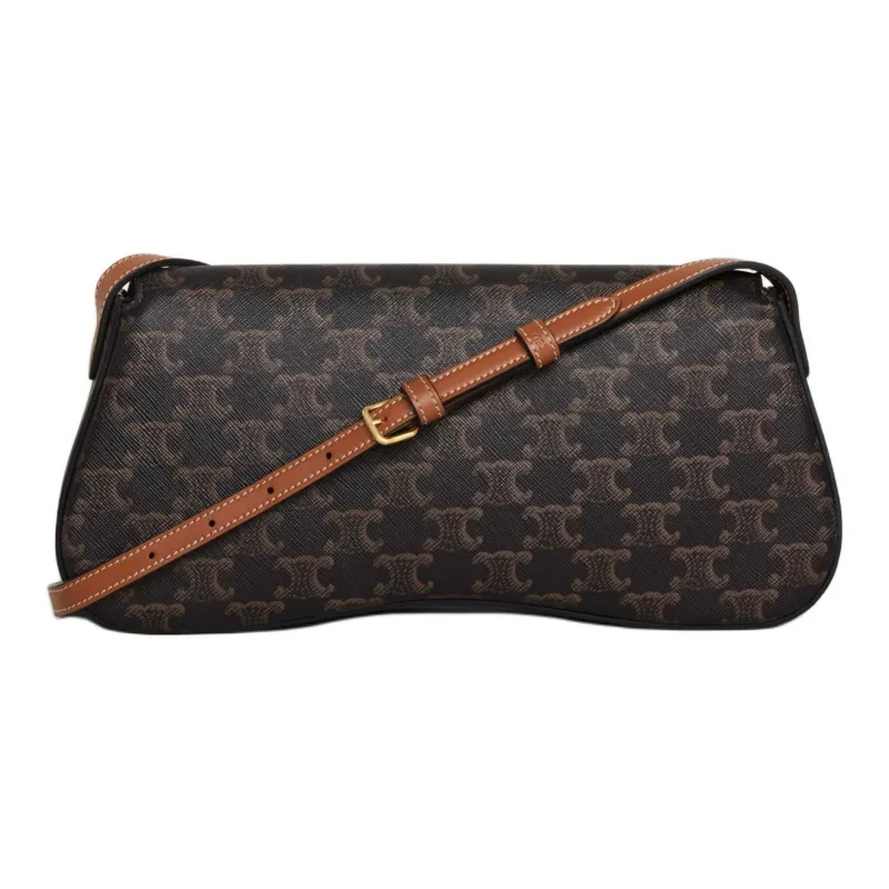 CELINE TRIOMPHE Canvas With Calfskin Shoulder Bag Crossbody Bag Handbag Medium Size Women's Brown-3