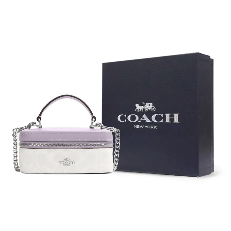 COACH Canvas With Leather Box Bag, Handbag, Shoulder Bag, Crossbody Bag Trumpets Women's White & Purple-7