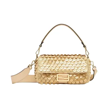 FENDI Baguette Viscose Shoulder Bag Crossbody Bag Handbag Medium Size Women's Gold Luster