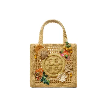 TORY BURCH Ella Paper Orange Peel Raffia Tote Bag, Shopping Bag, Handbag Mini Women's Multicolor