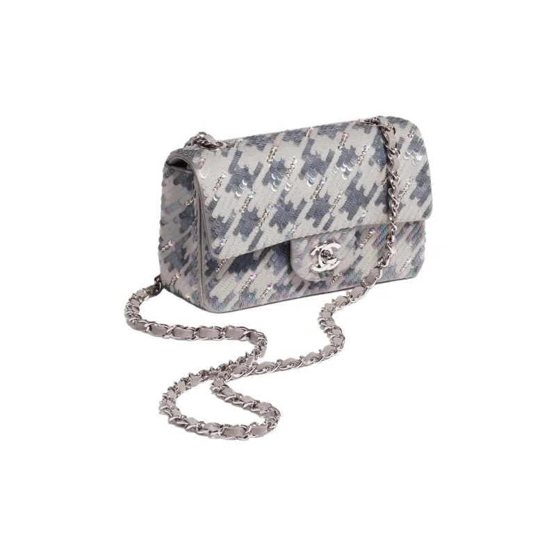 CHANEL Embroidery Satin Thread Crossbody Bag, Shoulder Bag Women's Gray & White-1