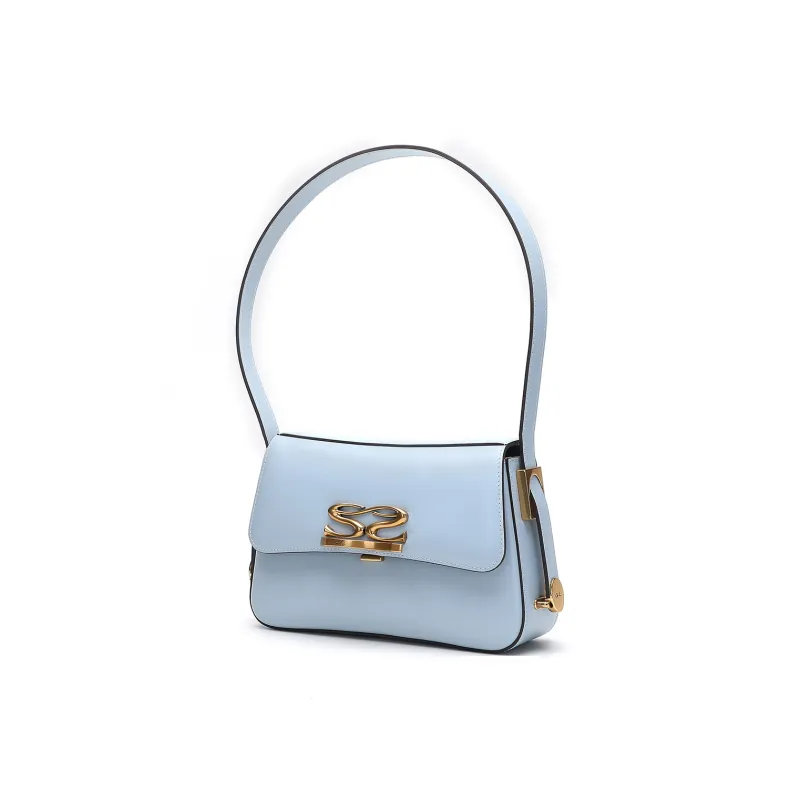 Satchi Cowhide Leather Shoulder Bag Small Size Women's Black Light Blue-8