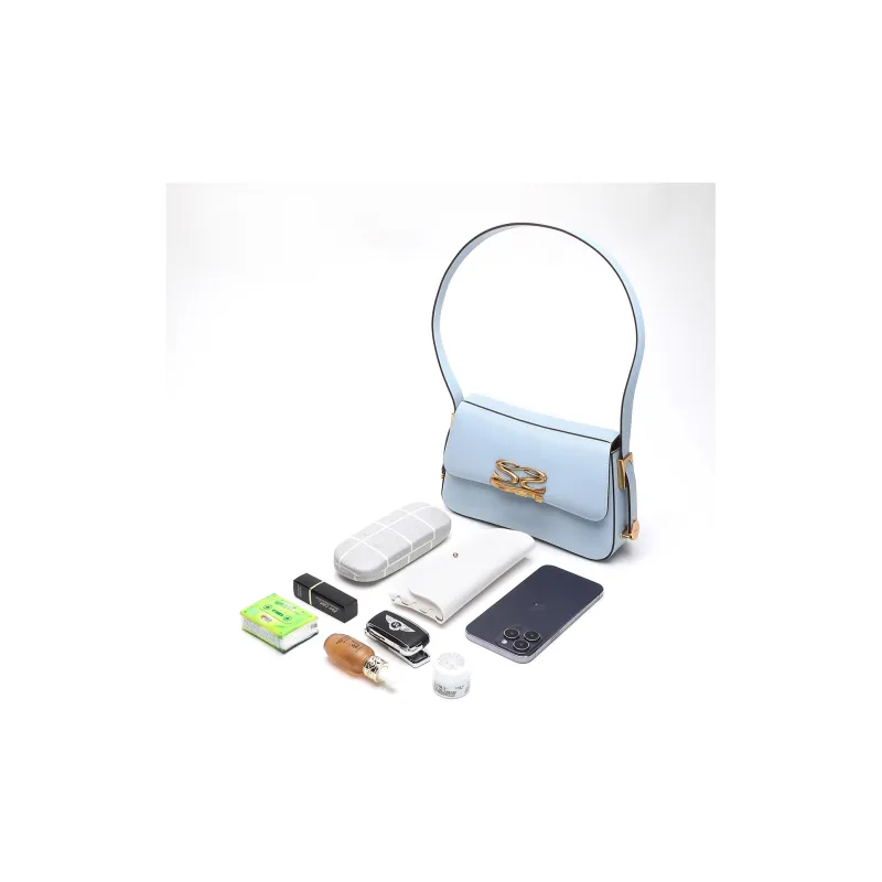 Satchi Cowhide Leather Shoulder Bag Small Size Women's Black Light Blue-13