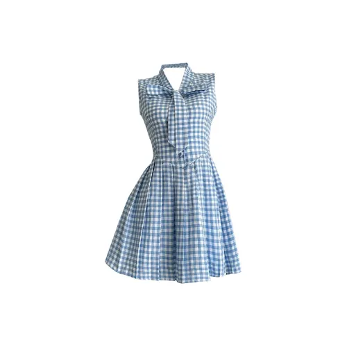 TIBINB Sleeveless Dresses Women's Blue/White Plaid