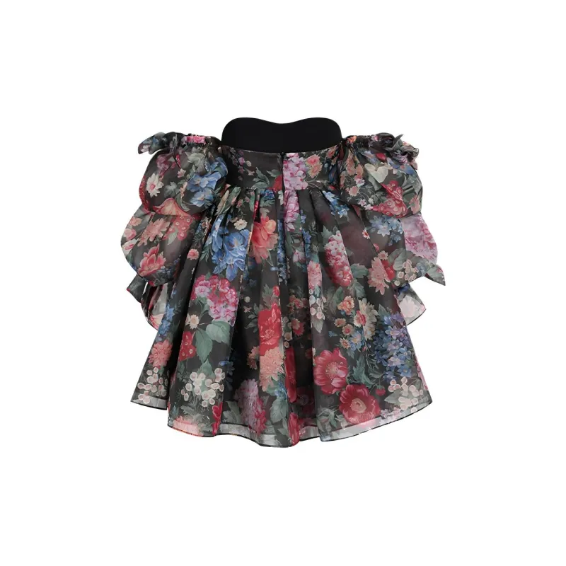 Selkie Collection SS24 Long-Sleeved Dresses Women's Black Background Vibrant Garden Print-1