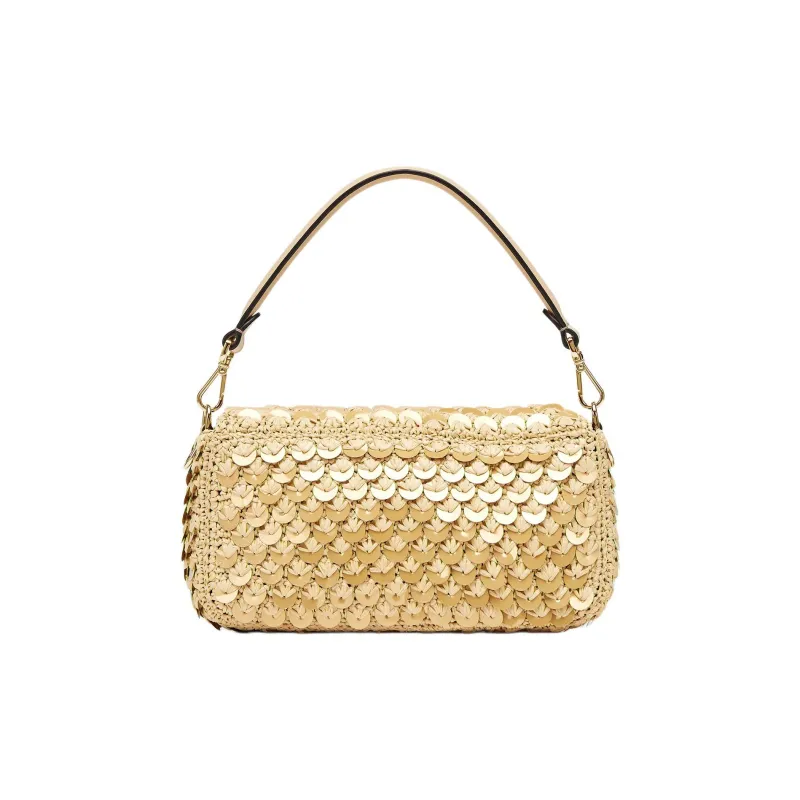 FENDI Baguette Viscose Shoulder Bag Crossbody Bag Handbag Medium Size Women's Gold Luster-2