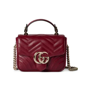 GUCCI GG Marmont Quilted V Shaped Leather Shoulder Bag Crossbody Bag Handbag Mini Women's Red