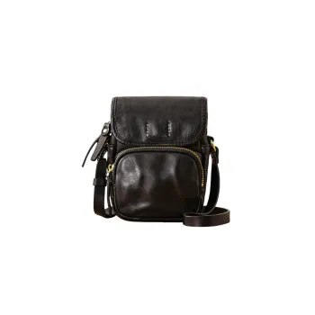 Back Step Top Grain Vegetable Tanned Cow Leather Shoulder Bag Crossbody Bag Small Size Men's Black