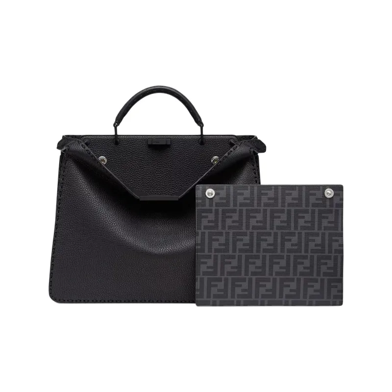 FENDI Peekaboo ISeeU Calfskin Shoulder Bag Crossbody Bag Handbag Medium Size Men's Black-1