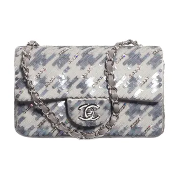 CHANEL Embroidery Satin Thread Crossbody Bag, Shoulder Bag Women's Gray & White