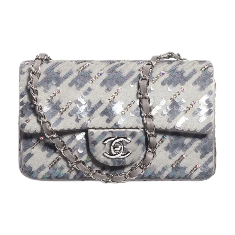 CHANEL Embroidery Satin Thread Crossbody Bag, Shoulder Bag Women's Gray & White-0