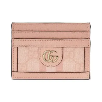 GUCCI Canvas With Leather Card Holder Women's Gray Pink