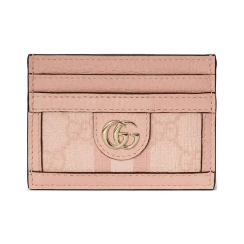 GUCCI Canvas With Leather Card Holder Women's Gray Pink