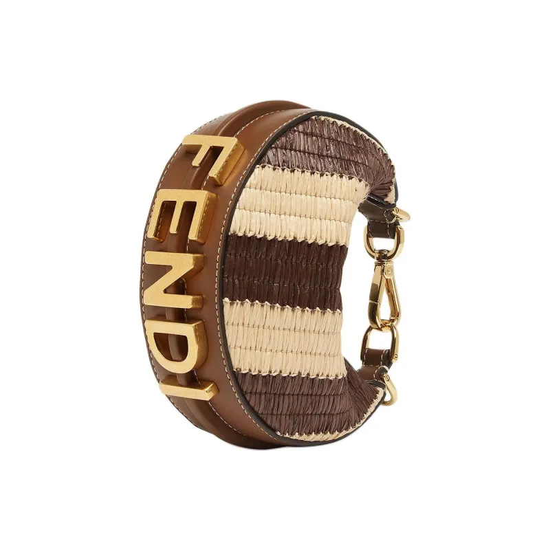 FENDI Fendigraphy Raffia With Viscose Cow Leather Wrist Bag Nano Women's Brown-1