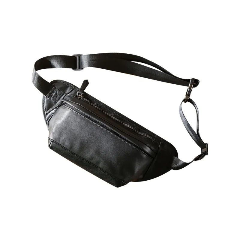 DOSRFINI Top Grain Cow Leather Fashion Trend Leather Multifunction Men's Casual Shoes Sling Bag Men's Black-1