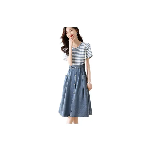 Mo Han Yi Mei Short-Sleeved Dresses Women's Denim Blue