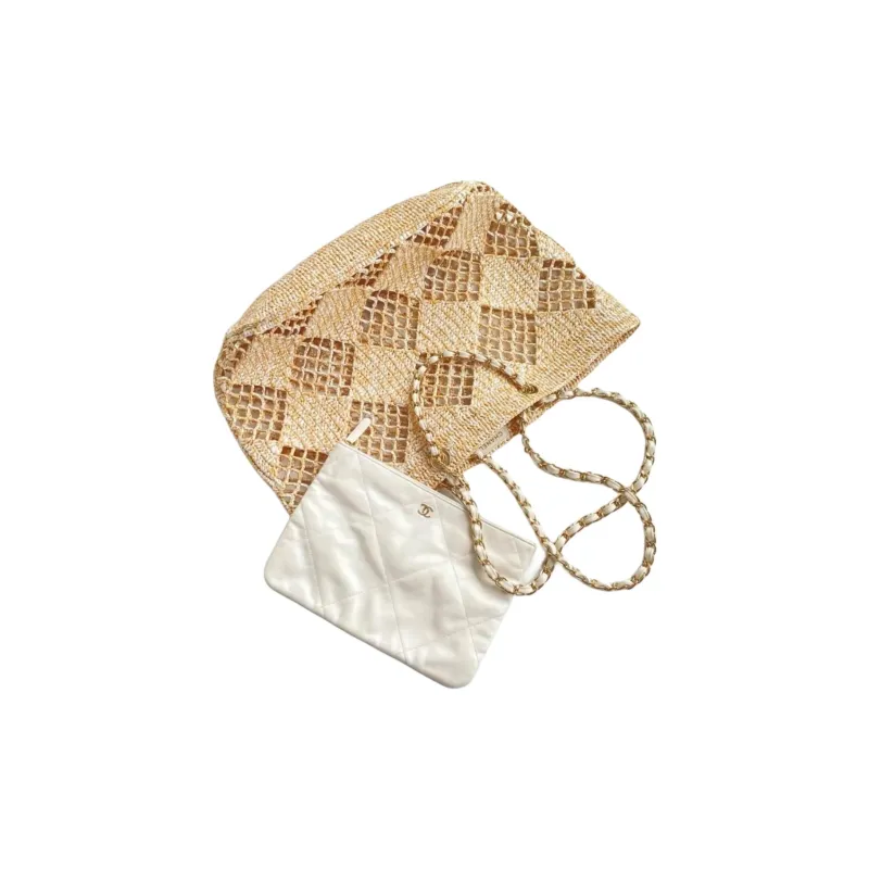 CHANEL Raffia Fiber Effect & Metal Tote Bag, Shopping Bag, Beach Bag, One Shoulder Handbag Women's Beige-1