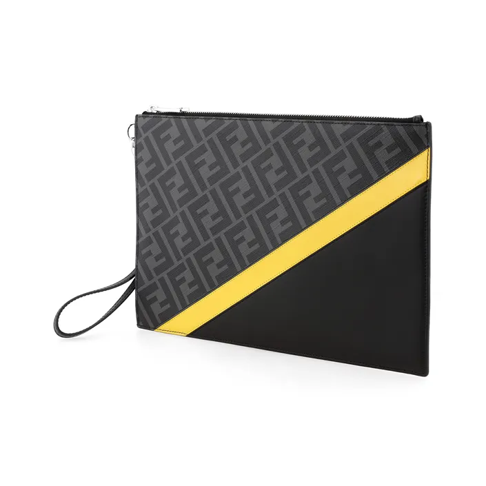 FENDI Canvas With Leather Clutch Regular Men's Black Gray Color/Yellow-3