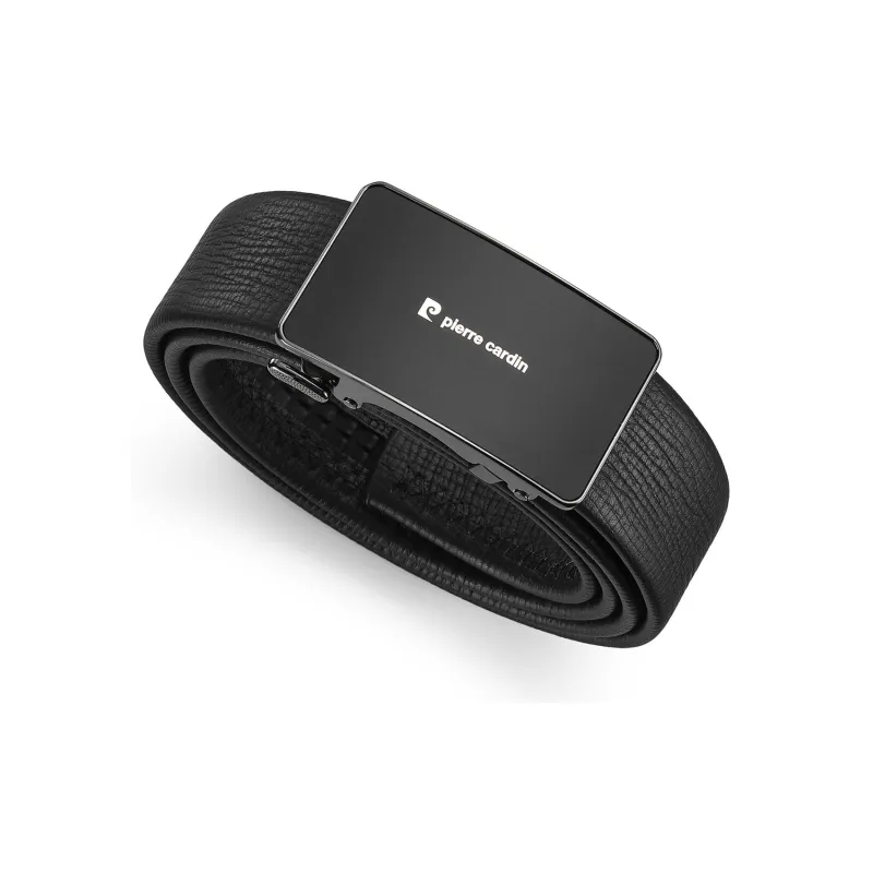 PIERRE CARDIN Brand Logo Business Casual Belt Top Grain Cow Leather Belts Men's Black 3.6CM-3
