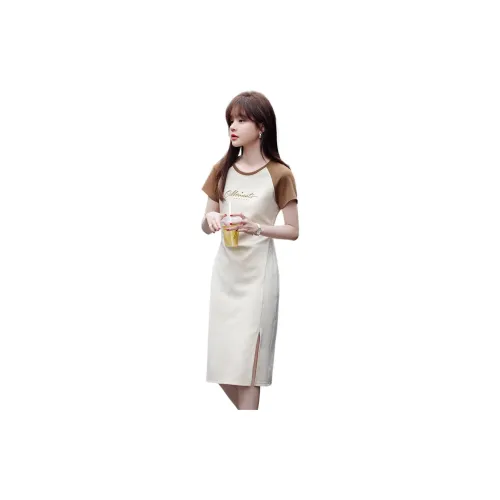 Mo Han Yi Mei Short-Sleeved Dresses Women's Beige With Light Coffee Accents