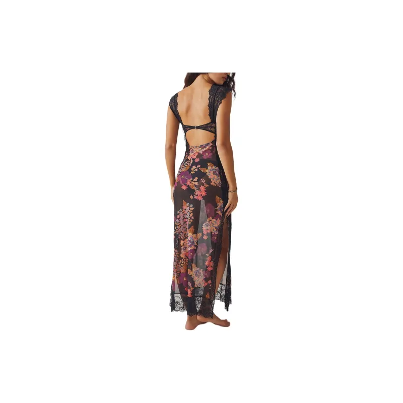 FREE PEOPLE Suddenly Fine Maxi Slip Short-Sleeved Dresses Women's Black Combo/Black Combo-1
