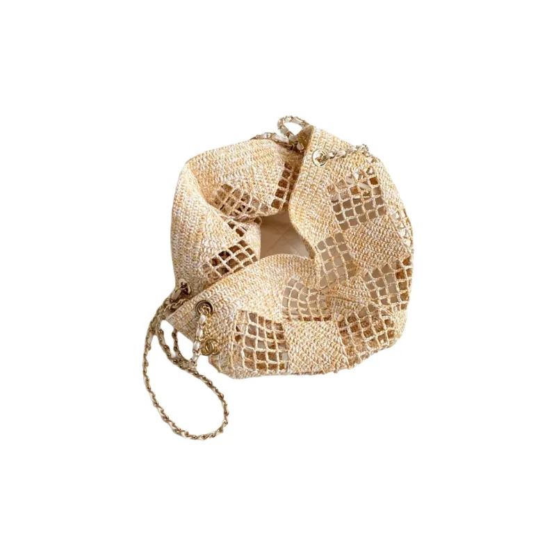 CHANEL Raffia Fiber Effect & Metal Tote Bag, Shopping Bag, Beach Bag, One Shoulder Handbag Women's Beige-4
