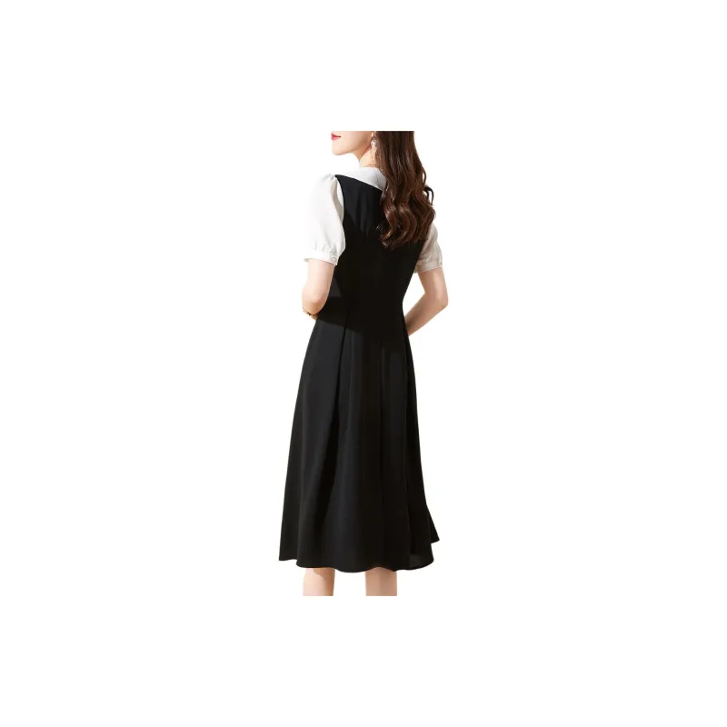 Mo Han Yi Mei Short-Sleeved Dresses Women's Black White Color Blocking-1