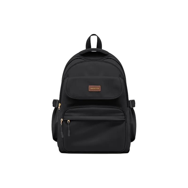 MAKEUP KITTEN Nylon Fabric With Synthetic Leather School And Work Travel Bag Backpack Regular Unisex Black/Khaki-1