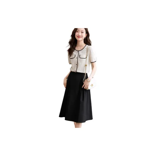 Mo Han Yi Mei Two Piece Skirt Sets Women's Top White Bottom Black