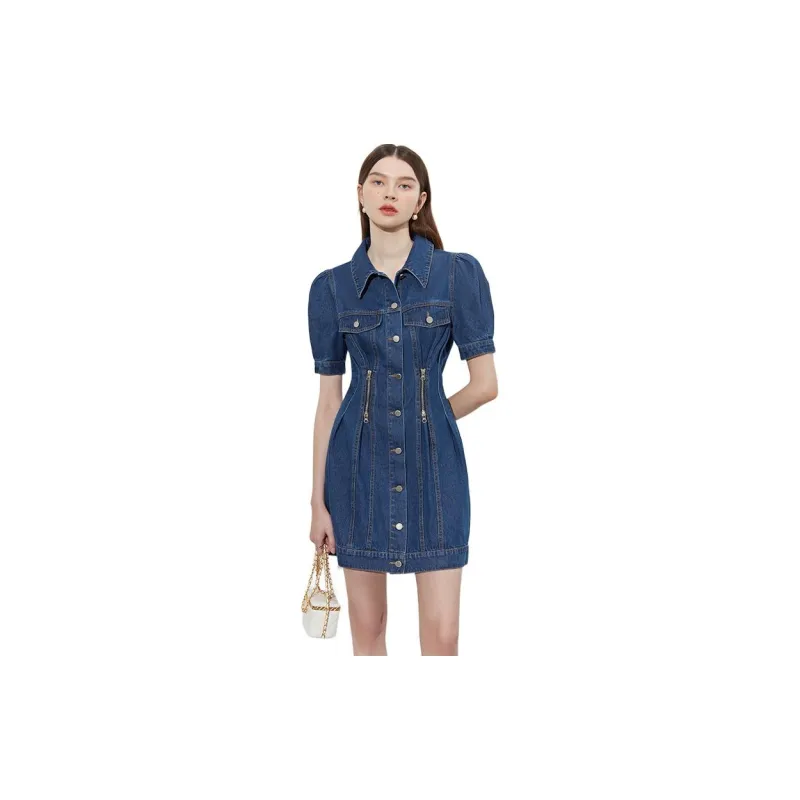 DPLAY Short Sleeved Dress Women's Dark Denim Blue-1