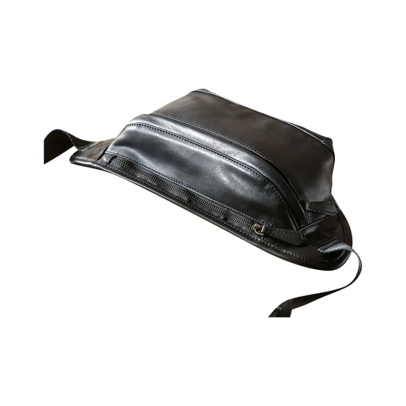 DOSRFINI Top Grain Cow Leather Fashion Trend Leather Multifunction Men's Casual Shoes Sling Bag Men's Black-3
