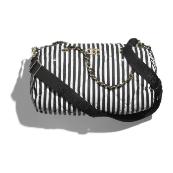 CHANEL Printed Fabric And Metal Bowling Bag Handbag Shoulder Bag Large Size Women's White & Black
