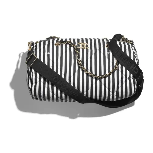 CHANEL Printed Fabric And Metal Bowling Bag Handbag Shoulder Bag Large Size Women's White & Black