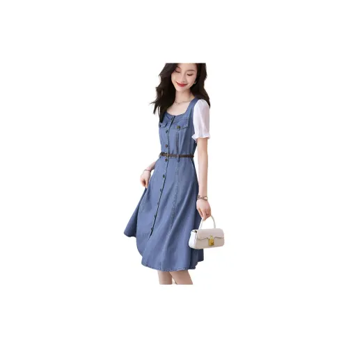 Mo Han Yi Mei Short-Sleeved Dresses Women's Denim Blue Beige