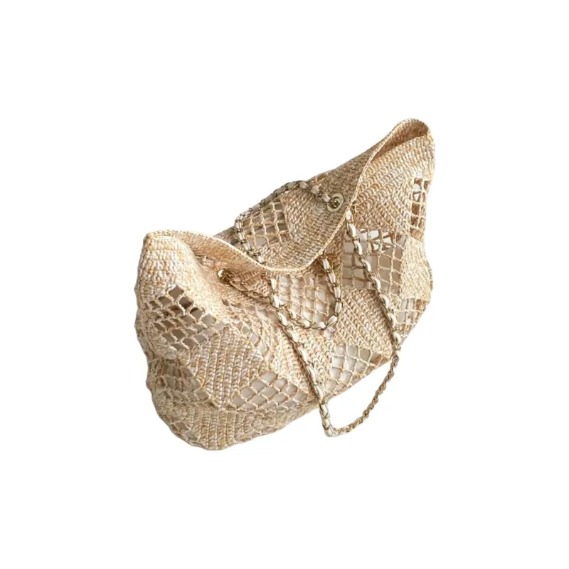 CHANEL Raffia Fiber Effect & Metal Tote Bag, Shopping Bag, Beach Bag, One Shoulder Handbag Women's Beige-2