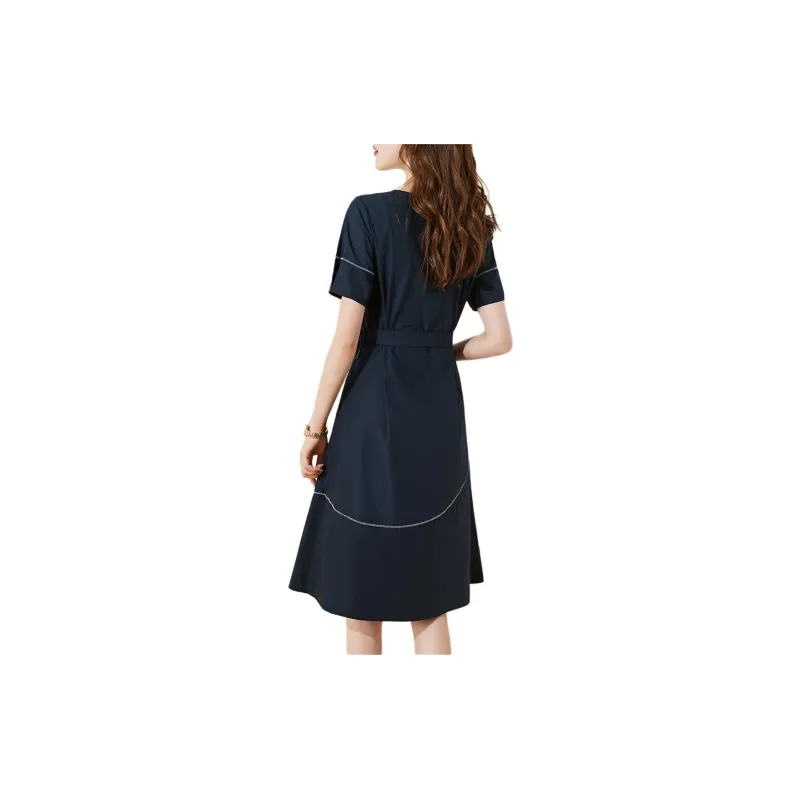 Mo Han Yi Mei Short Sleeved Dress Women's Navy Blue-1