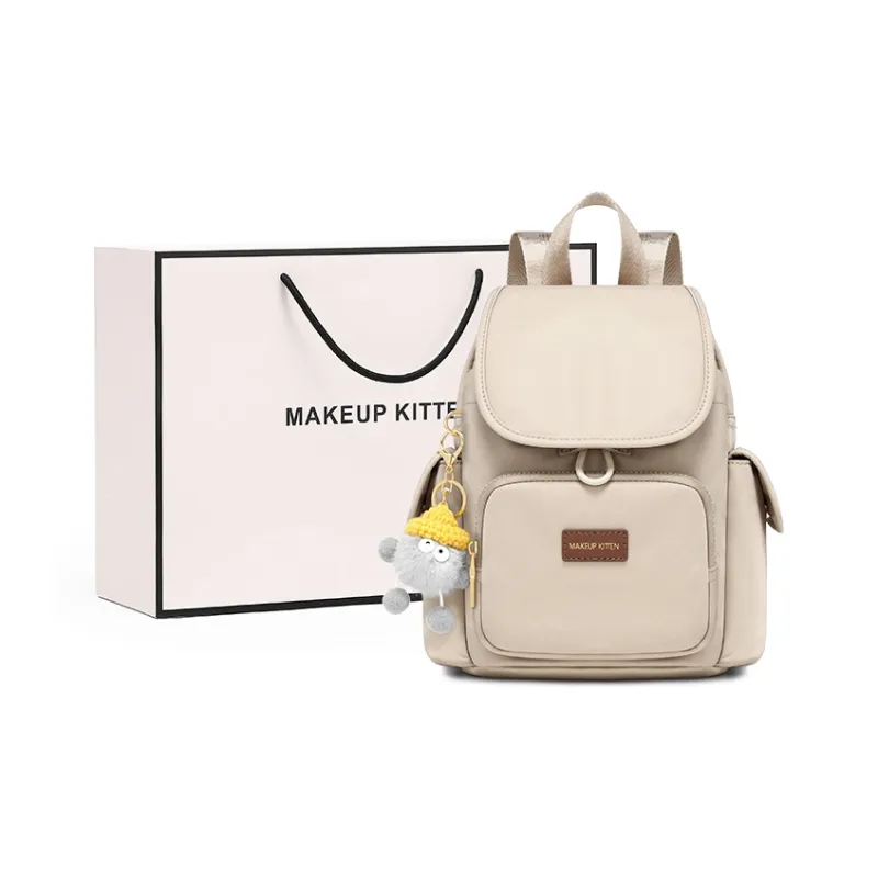 MAKEUP KITTEN Nylon Fabric With Synthetic Leather Backpack Women's Khaki/Black-0