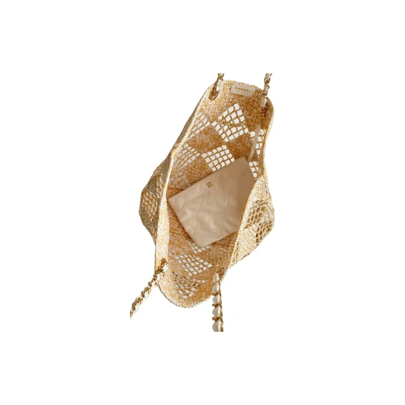 CHANEL Raffia Fiber Effect & Metal Tote Bag, Shopping Bag, Beach Bag, One Shoulder Handbag Women's Beige-3