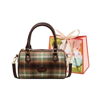 Cwatcun Woolen Crossbody One Shoulder Handbag Regular Women's Plaid Green/Jasper/Plaid Brown