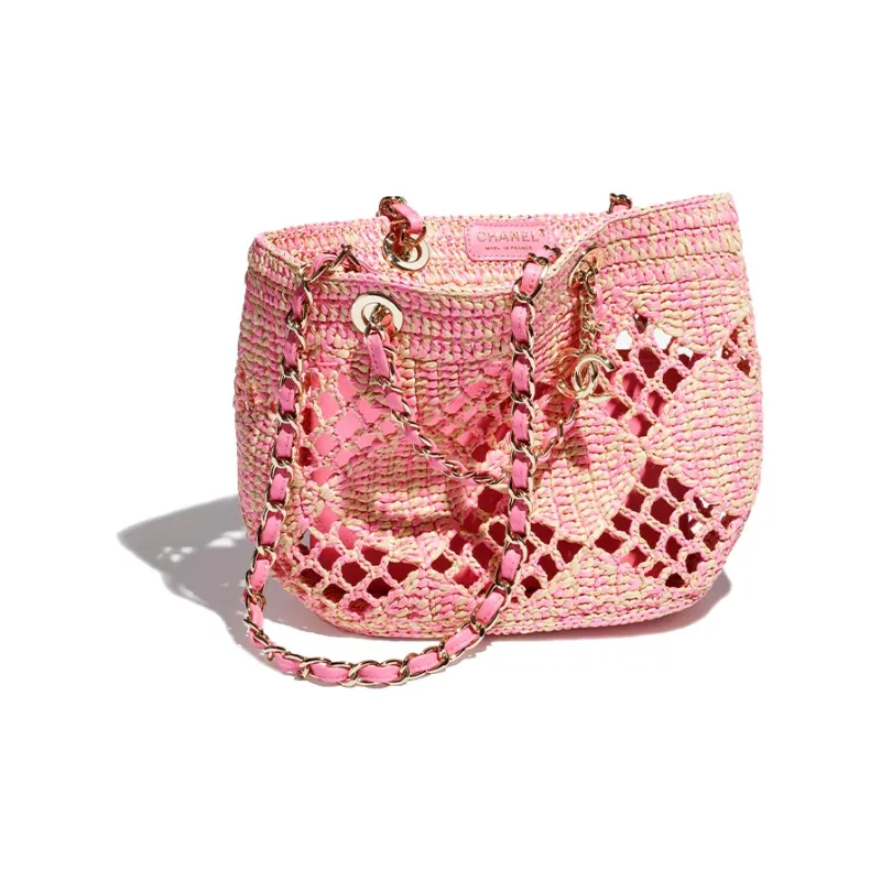 CHANEL Raffia Effect & Metal Tote Bag, Shopping Bag, Shoulder Bag, Crossbody Bag, Handbag Trumpets Women's Beige & Pink-1