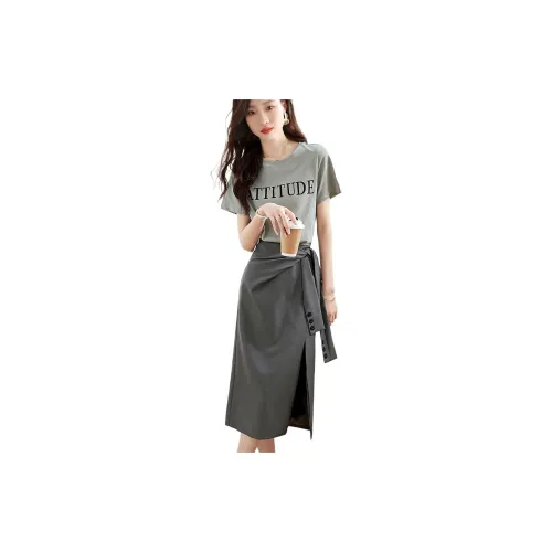 Mo Han Yi Mei Two Piece Skirt Sets Women's Gray