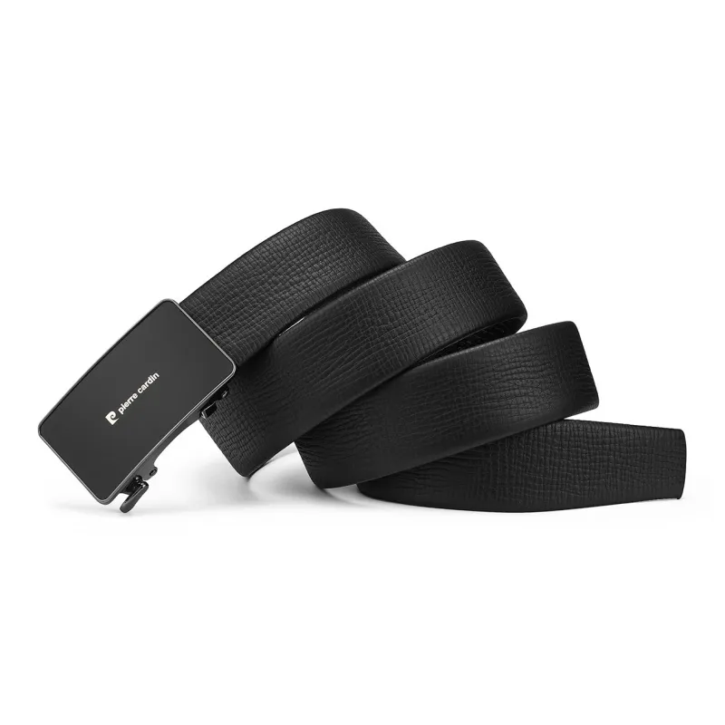PIERRE CARDIN Brand Logo Business Casual Belt Top Grain Cow Leather Belts Men's Black 3.6CM-1